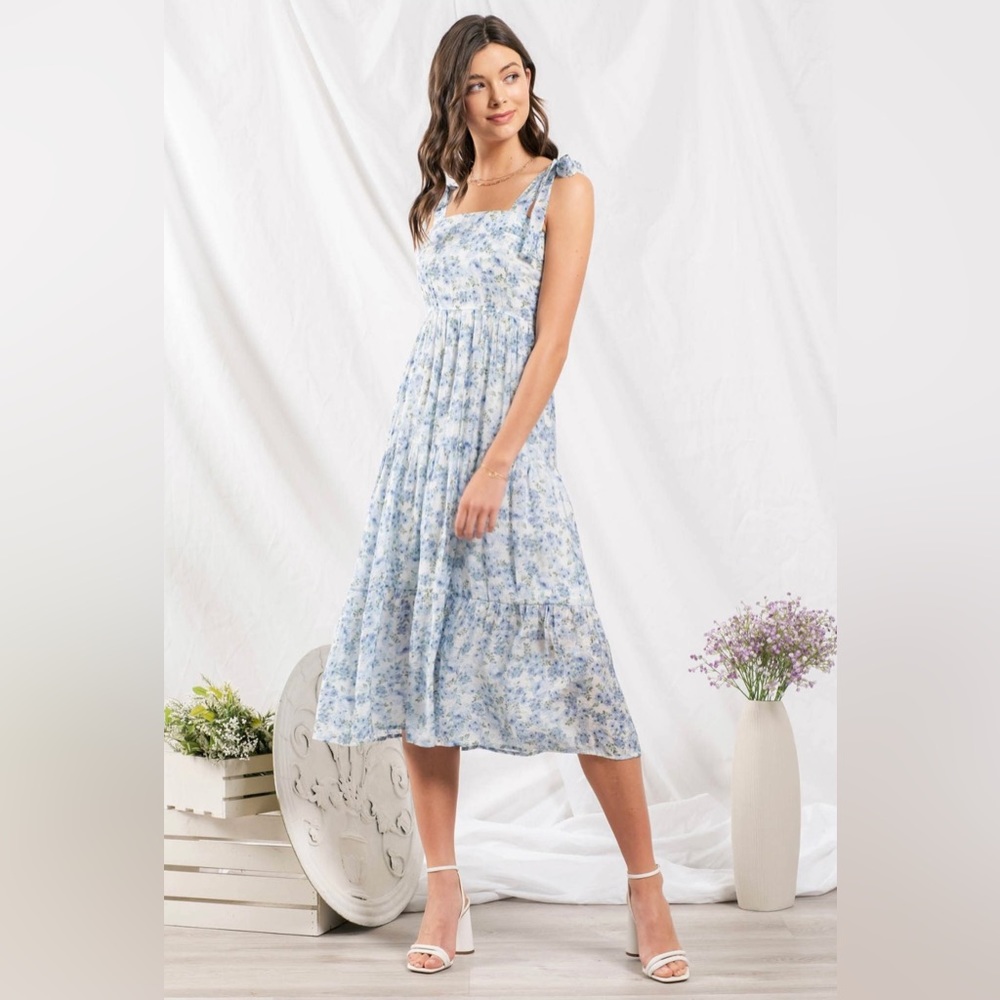 Blue and white floral midi dress